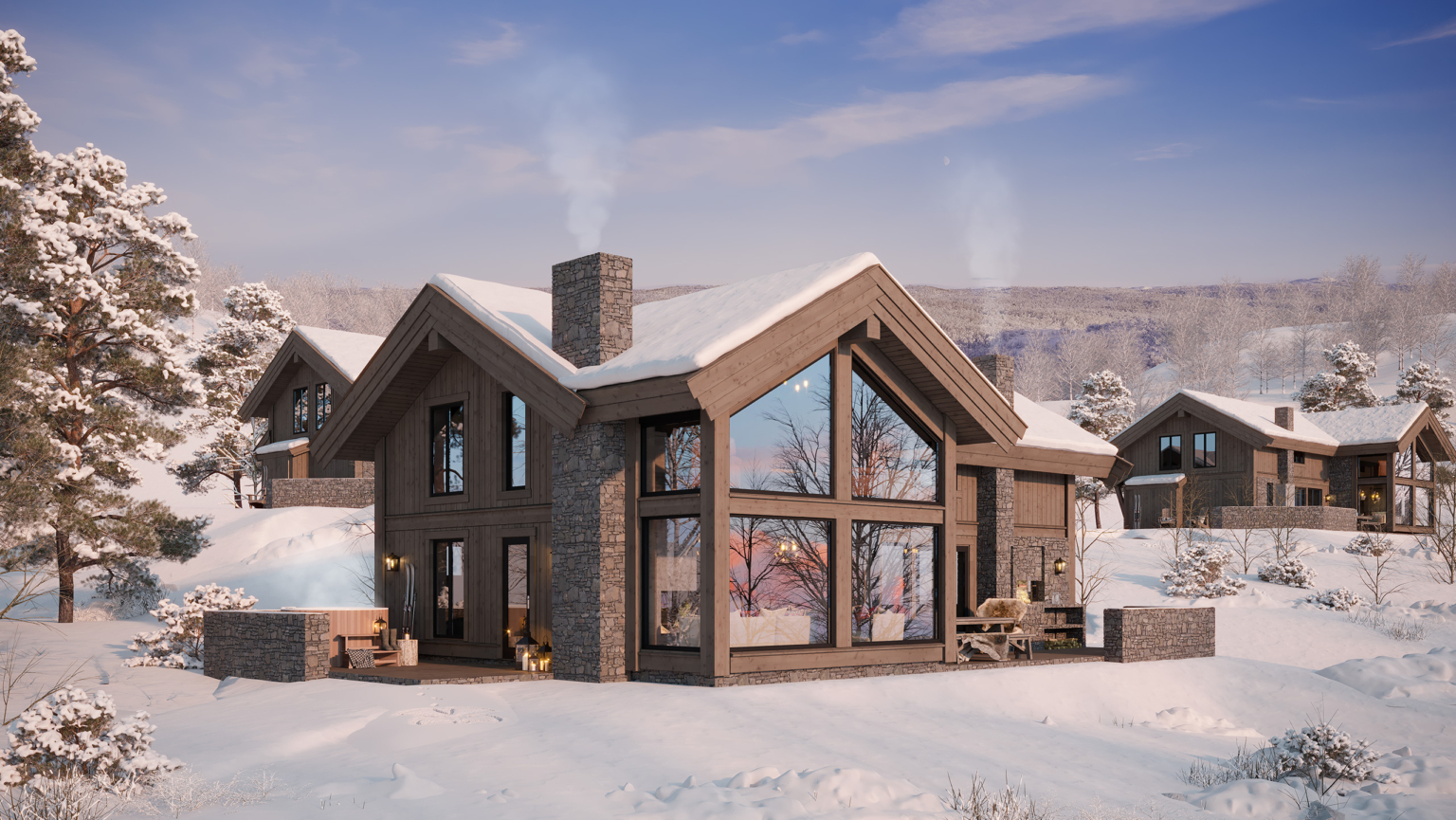 3D illustrasjon utvendig av hyttemodell Solhalle, i vinter landskap, fra Geilo Laft